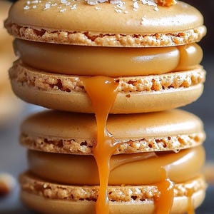 Può includere: Una pila di quattro macarons al caramello con un filo di salsa al caramello. I macarons sono ricoperti da un pizzico di sale marino e noci tritate.