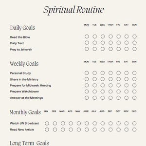 May include: A printable spiritual routine checklist with daily, weekly, monthly, and long-term goals. The checklist includes sections for reading the Bible, daily text, praying to Jehovah, personal study, sharing in the ministry, preparing for midweek meetings, preparing the Watchtower, answering at meetings, watching JW broadcasts, reading new articles, and long-term goals. The checklist is designed to help people stay organized and focused on their spiritual growth.