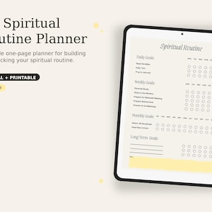 May include: A digital A4 PDF spiritual routine planner featuring sections for daily, weekly, monthly, and long-term goals. The layout includes checkboxes for tracking tasks like reading the Bible, daily text, prayer, and meeting preparation.