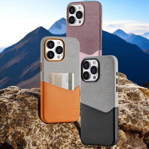 May include: Three phone cases with different colors and designs. The cases are made of a fabric material with a leather pocket on the back. The cases are designed to hold a credit card. The text "Credit Card" is printed on the leather pocket.