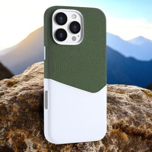 May include: A green and white phone case with a textured fabric design. The case has a raised lip around the camera lens and a white bottom section.