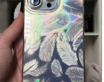 Sweet Luxury Shiny Feather Design Phone Case for iPhone 16/15/14/13/12/11/X/8/7/SE Pro Max, Shockproof, Transparent, Glossy