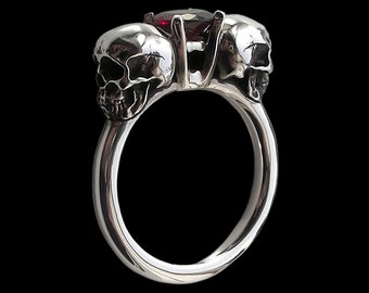 Sterling Silver Skull Ring, Gothic Garnet Stone Ring, Lovers of Valdaro Inspired