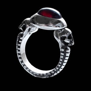 Silver Skull Ring, Sterling Silver Engagement Skull Ring, Eternal Lovers Rings, Red Garnet Ring, Inspired by HR Giger artwork, All Sizes