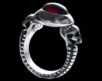 Sterling Silver Skull Ring, Red Garnet, Giger Inspired