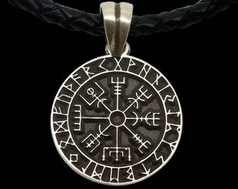 Vegvisir Pendant, Sterling Silver Vegvisir Pendant, Runic Pendant, Viking Pendant, Leather Necklace, Silveralexa