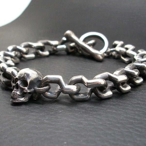 Pulsera de calavera, pulsera de calavera de plata esterlina, cadena de calavera de plata, cierre de langosta, calavera de mandíbula completa, cadena de plata mediana, Silveralexa