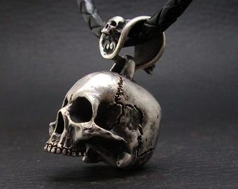 Skull Pendant, Sterling Silver skull Pendant, Heavy 40 grams, Designed from real human skull, Leather Necklace, Half Jaw Skull, Silveralexa