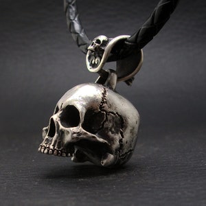 Skull Pendant, Sterling Silver skull Pendant, Heavy 40 grams, Designed from real human skull, Leather Necklace, Half Jaw Skull, Silveralexa