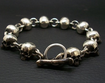 Sterling Silver Skull Bracelet, Bone Toggle Closure