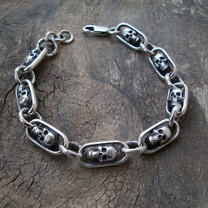 Skull Bracelet, Sterling Silver Skull Bracelet, Silver Skull Chain, Lobster Closure, Oval Link Silver Bracelet, Silveralexa