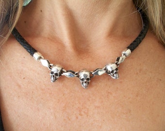 Skull Chain, Sterling Silver Skull Chain, Skull Necklace, Skull Collar, Leather Necklace, Love to Death Jewelry, Silveralexa