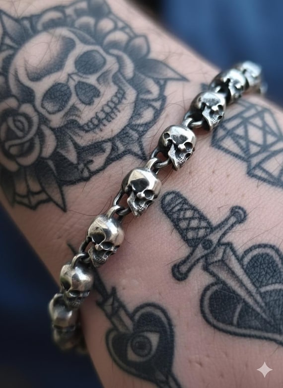 Sterling Silver Skull Chain Bracelet, Unisex Gothic Jewelry - Etsy