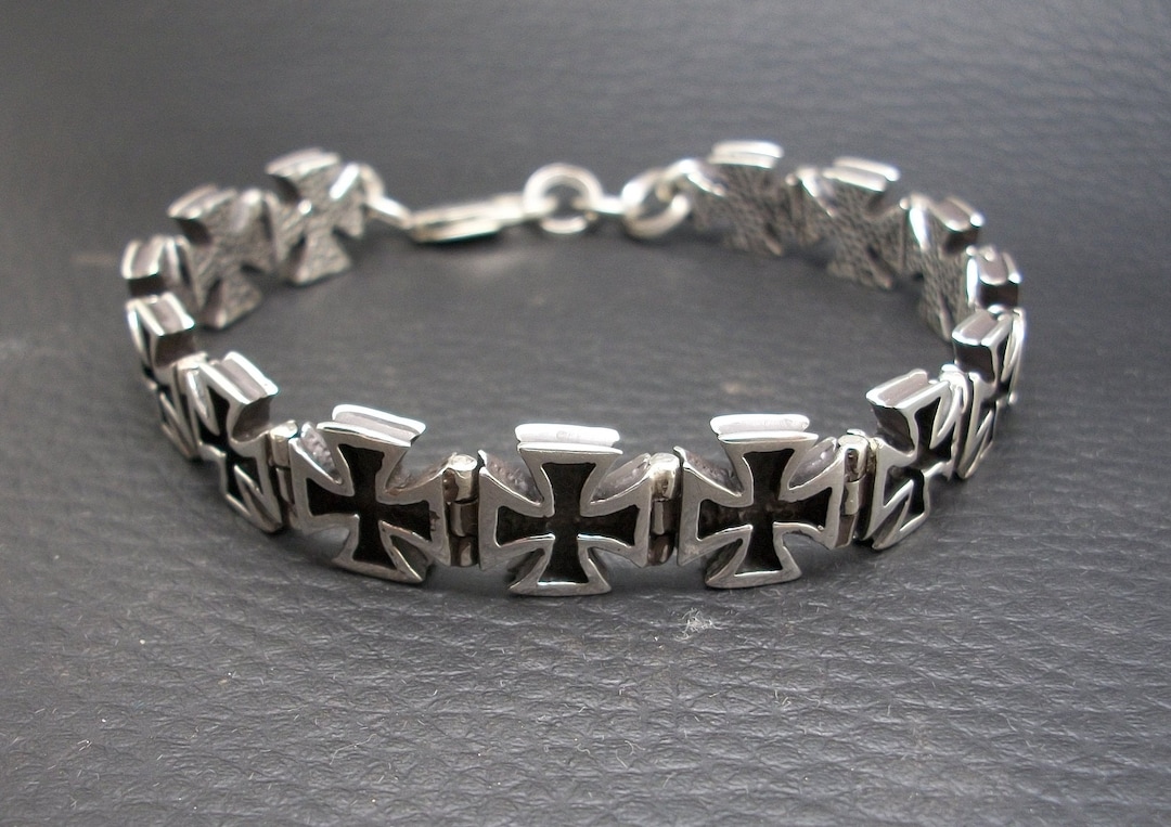 Sterling Silver Iron Cross Bracelet, Hinged Chain, Lobster Clasp
