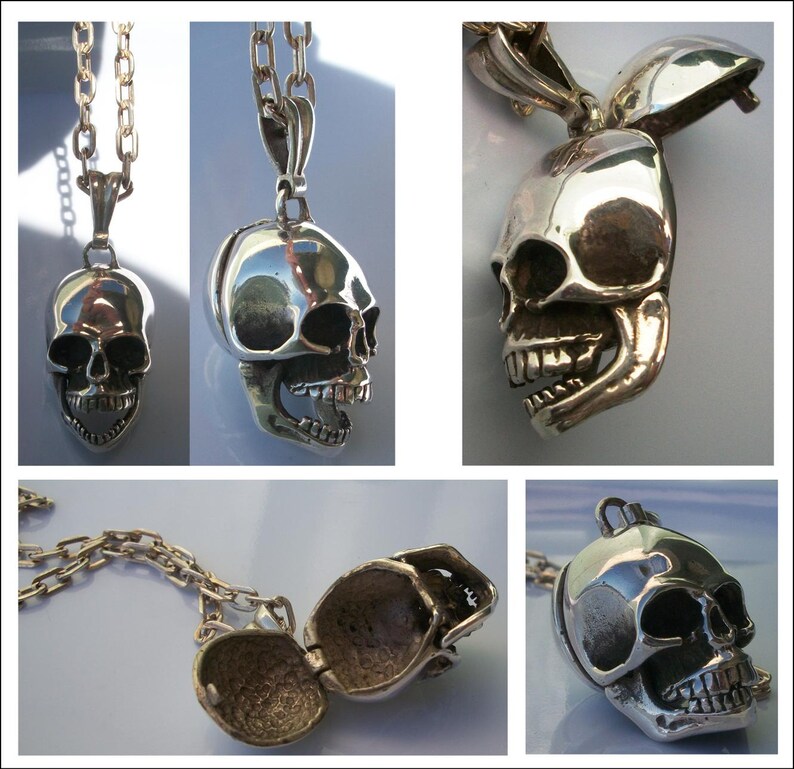 Skull Pendant, Sterling Silver Skull Pendant, Poison Pendant, Pillbox Pendant, Moveable lower Jaw, Skull Poison Pendant, Silveralexa image 2