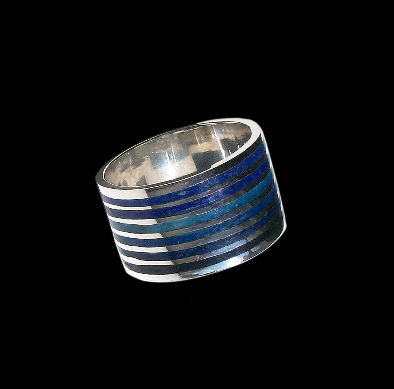 Sterling Silver Inlay Ring, Mosaic Blue Ocean Stone, Wide Band - Etsy