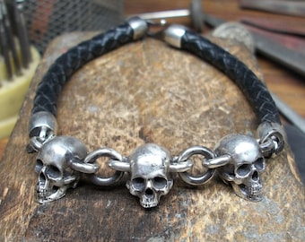 Sterling Silver Skull Bracelet, Black Braided Leather Cord