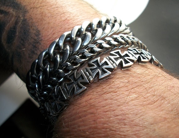 Sterling Silver Iron Cross Bracelet, Hinged Chain, Lobster Clasp