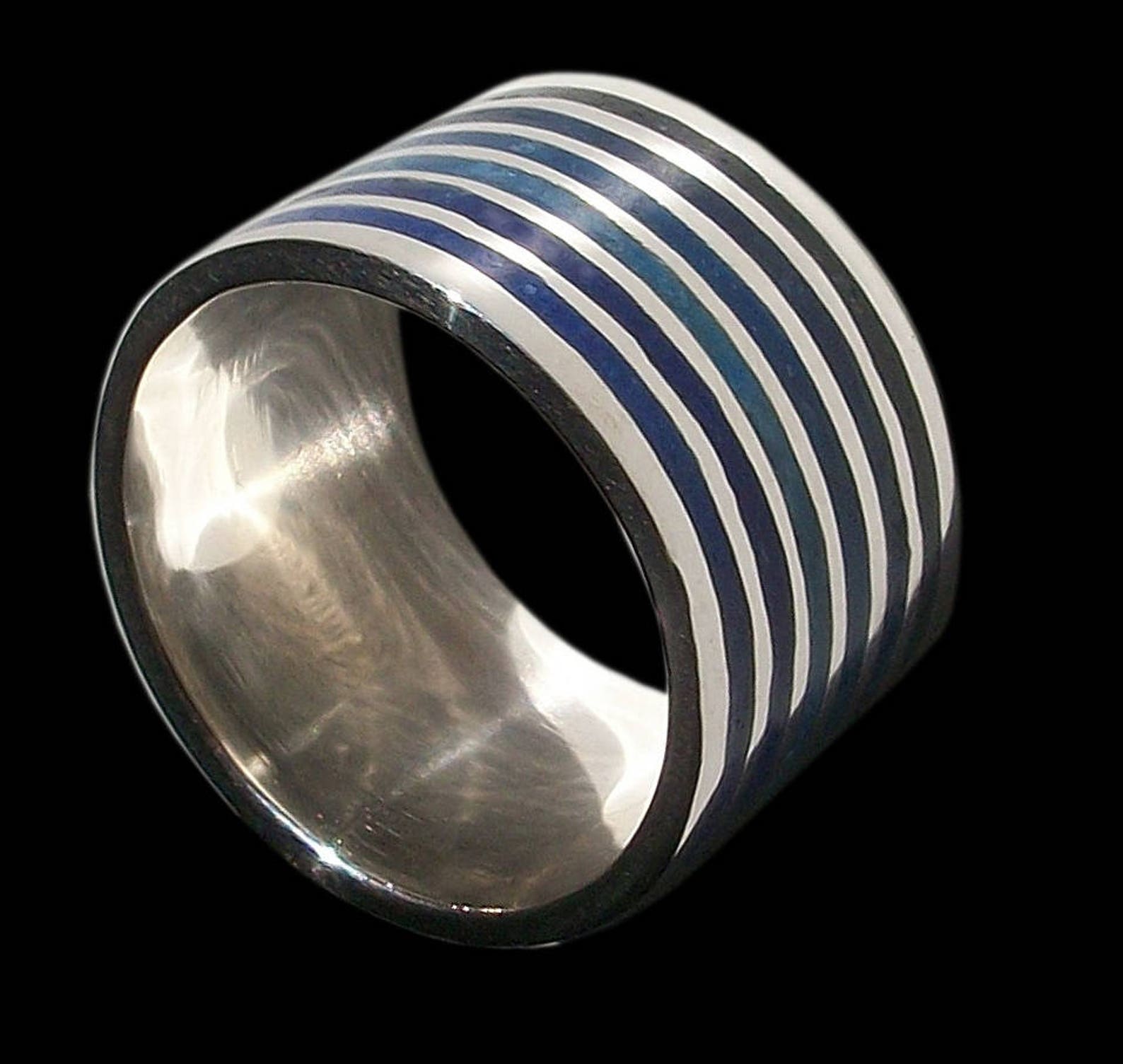 Sterling Silver Inlay Ring, Mosaic Blue Ocean Stone, Wide Band - Etsy