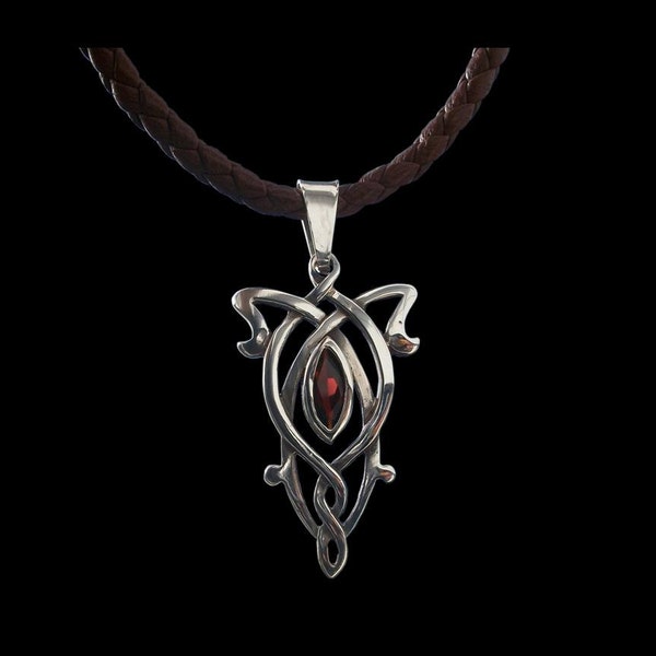 Celtic Pendant, Sterling Silver Celtic Pendant, Celtic Pendant, brown braided leather necklace, Marquise Garnet Pendant, Silveralexa