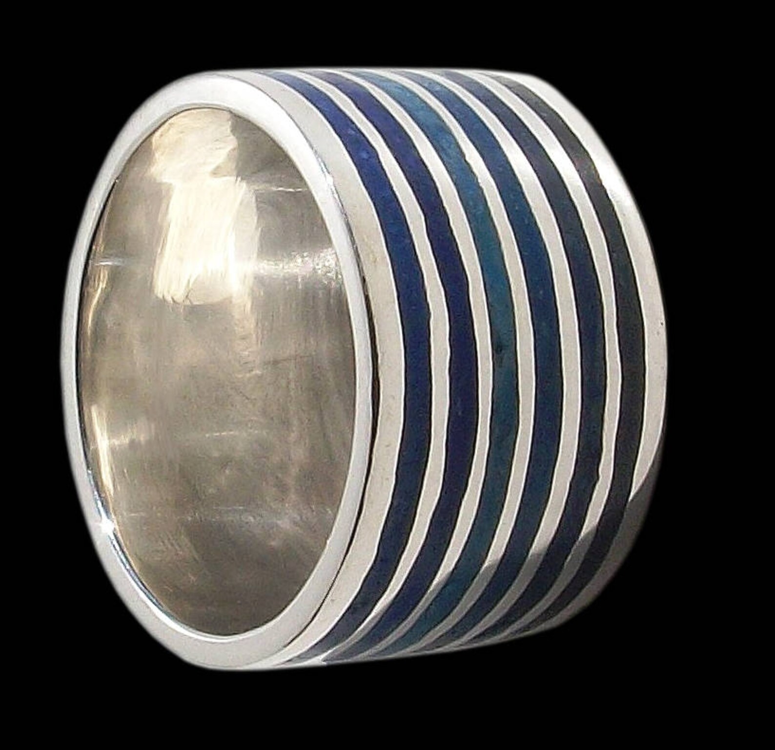 Sterling Silver Inlay Ring, Mosaic Blue Ocean Stone, Wide Band - Etsy