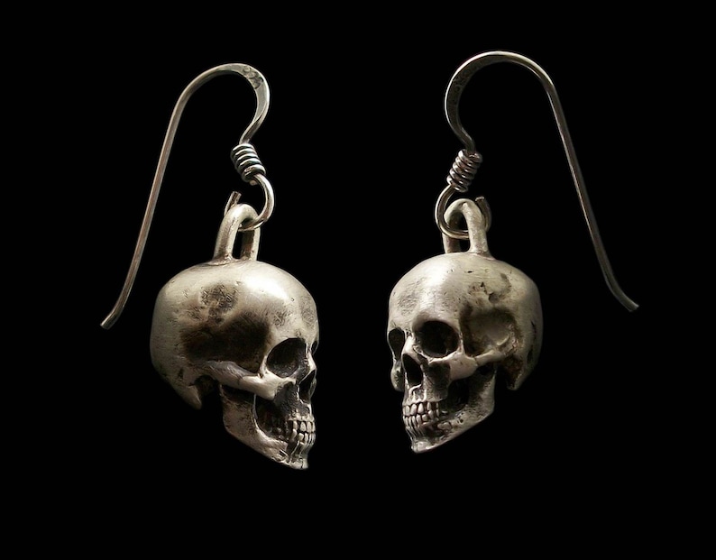 Skull Earrings, Sterling Silver Skull Earrings, Love to Death Earrings, the pair, Silver Drop Earrings, Skull Earrings Dangle, Silveralexa Brushed Finish