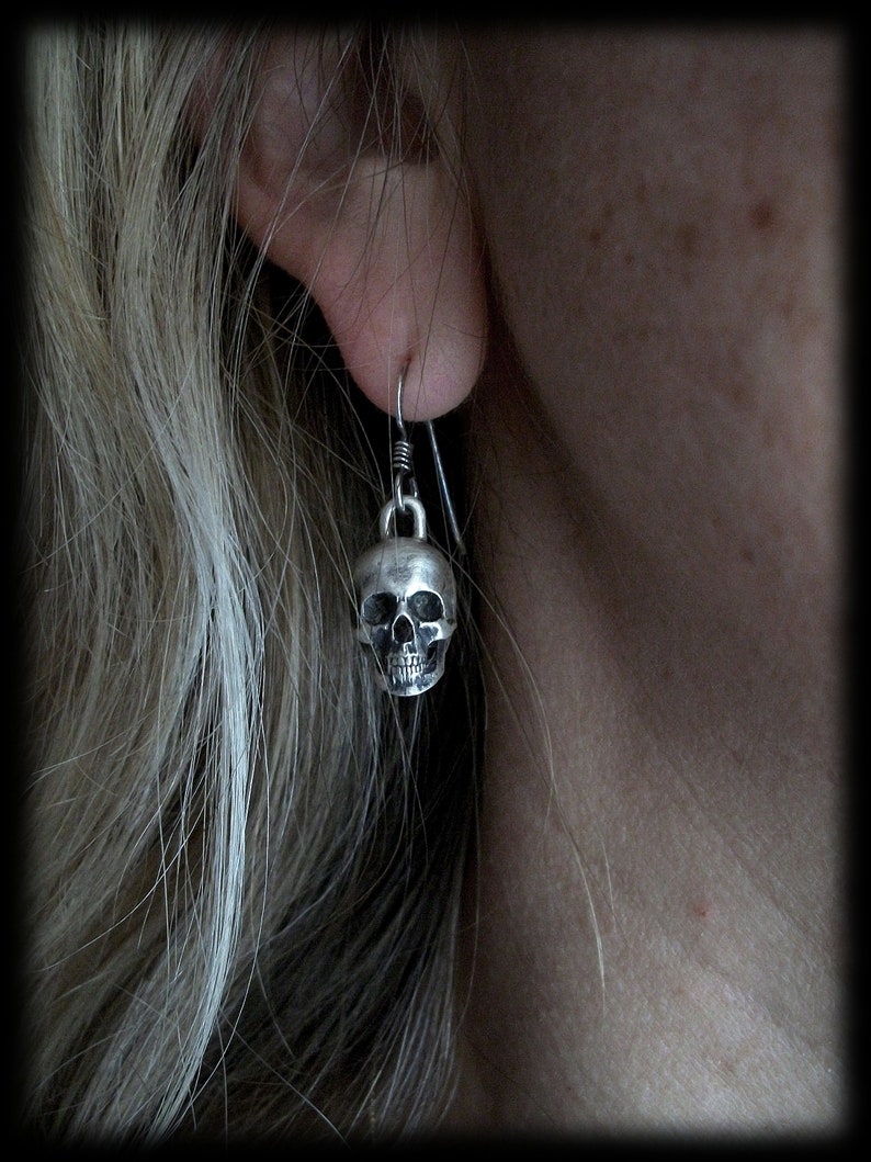 Skull Earrings, Sterling Silver Skull Earrings, Love to Death Earrings, the pair, Silver Drop Earrings, Skull Earrings Dangle, Silveralexa image 5