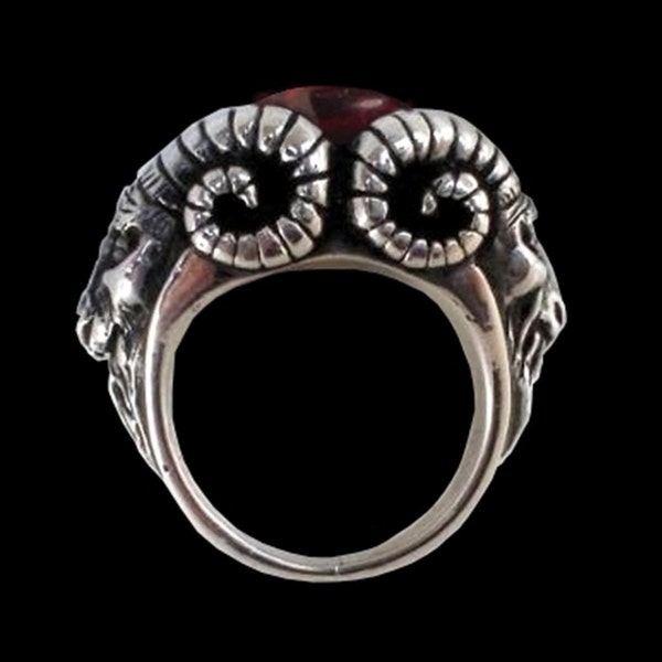 Baphomet Ring, Sterling Silver Baphomet Ring, Red Garnet Ring, Sabbatic Goat Ring, Bighorn Ring, all sizes, Silveralexa