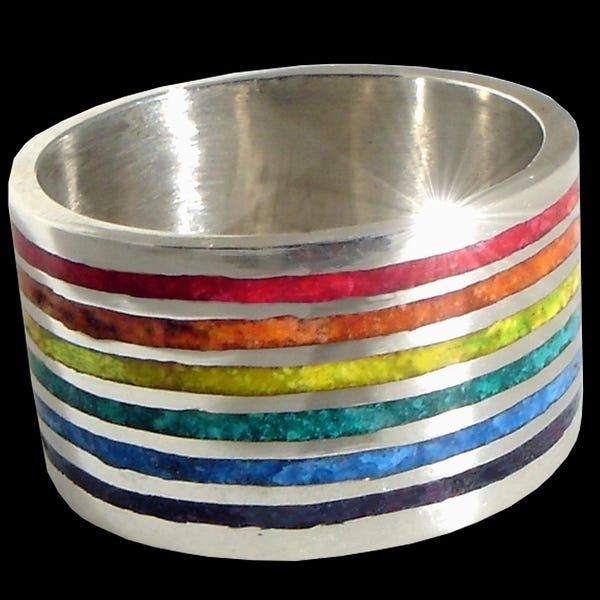 Sterling Silber Inlay Ring, Regenbogen Crushed Stone breites Band