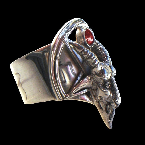 Sterling Silver Baphomet Ring with Ruby, Pentagram Evil Goat Sabbatic Jewelry