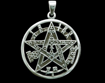 May include: Silver pendant featuring a five-pointed star with Hebrew lettering and the words "Tetragrammaton" and "Solve et Coagula" around the perimeter.