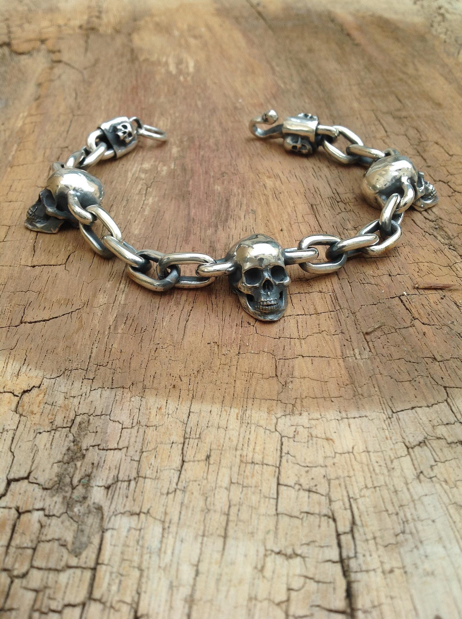 Skull Bracelet, Silver Curb Chain, Skull Toggle Clasp, Punk