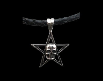 Skull Pendant, Sterling Silver Skull Pendant, Star Pendant, leather necklace, Silveralexa