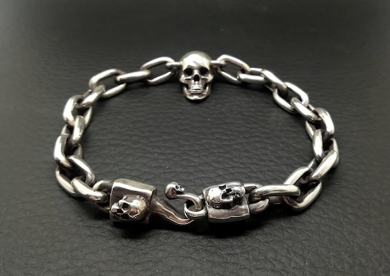 Skull Bracelet, Sterling Silver Skull Bracelet, Silver Oval Skull Bracelet, Sterling Silver Skull Bracelet, Silver Oval