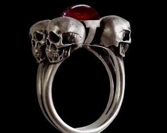 Sterling Silver Four Horsemen Skull Ring, Red Garnet Cabochon