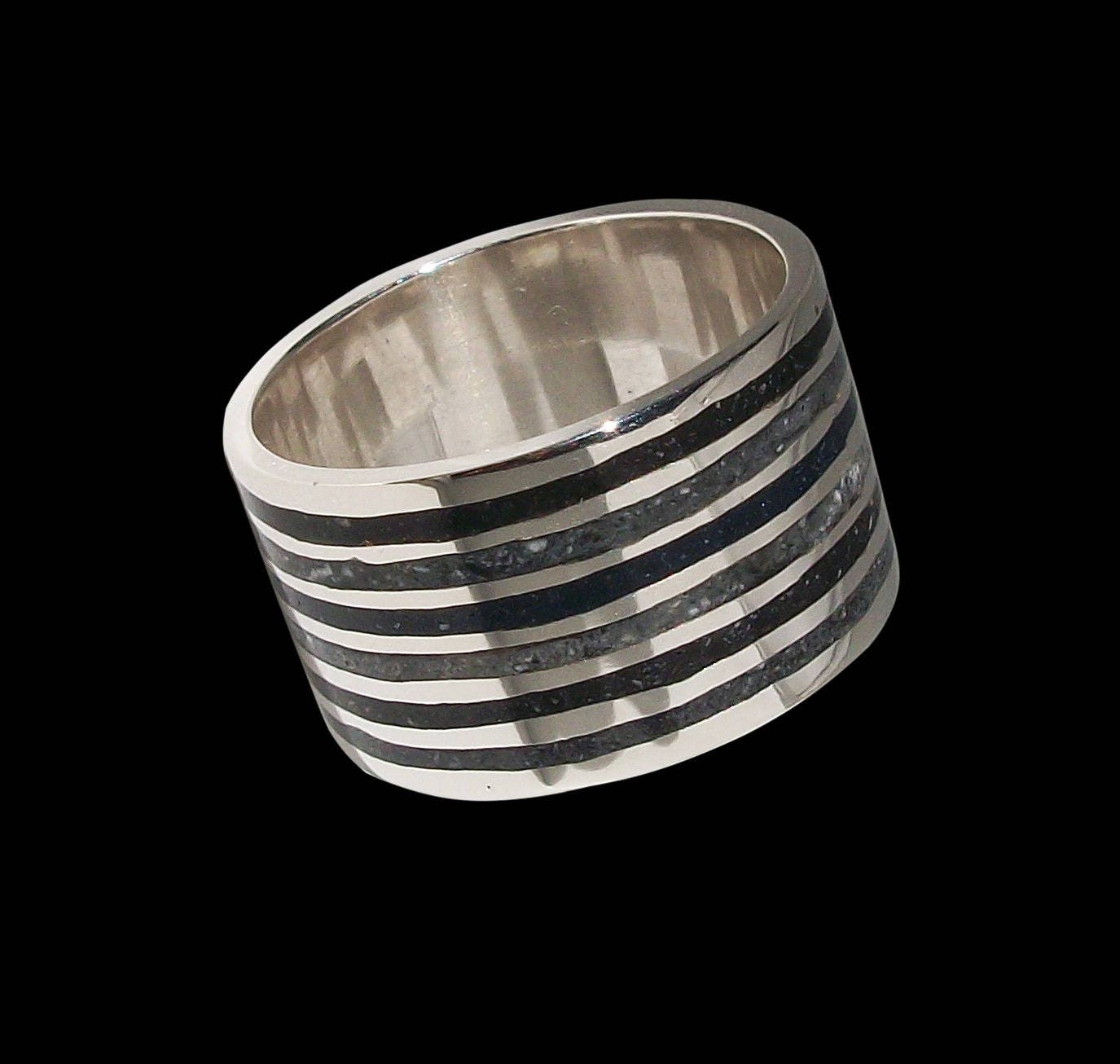 Inlay Ring, Sterling Silver Inlay Ring, Mosaic Dark Storm Ring, Crushed ...