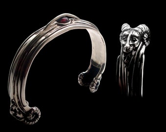 Baphomet Bracelet - Sterling Silver Bracelet Bighorn Baphomet - Evil Sabbatic Goat  - Ram Devil - with red Garnet