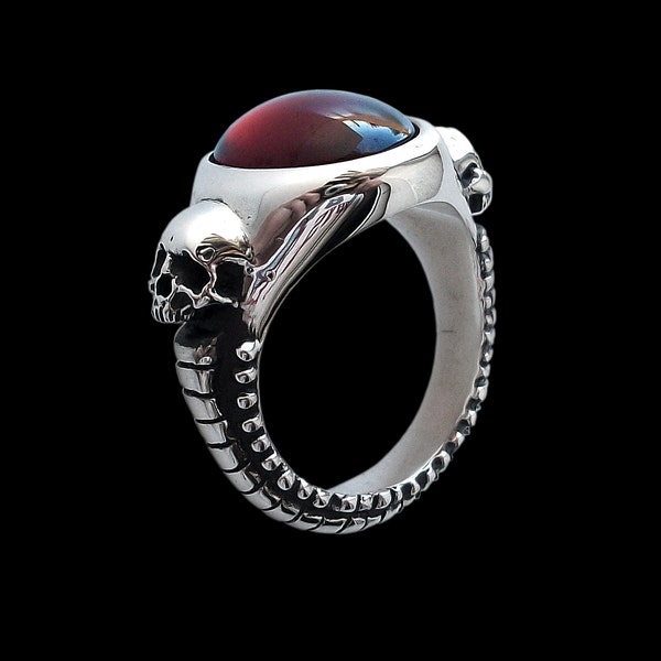 Silver Skull Ring, Sterling Silver Engagement Skull Ring, Eternal Lovers Rings, Red Garnet Ring, Inspired by HR Giger artwork, All Sizes