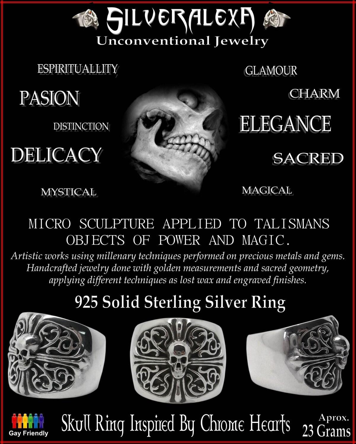 Cross Skull Ring, Sterling Silver Skull Ring, Carved Skull