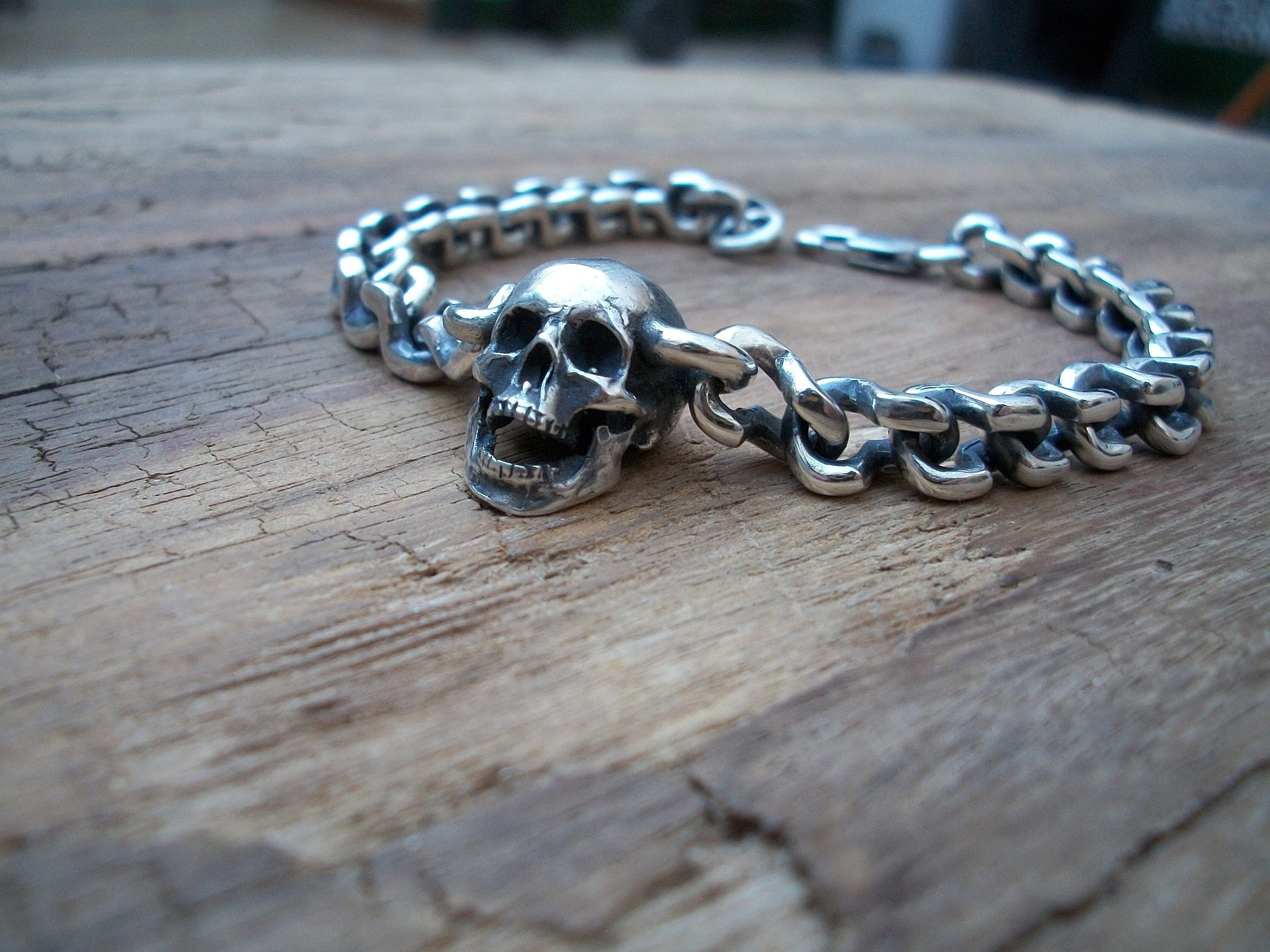 Sterling Silver Skull and Lava Bead Bracelet