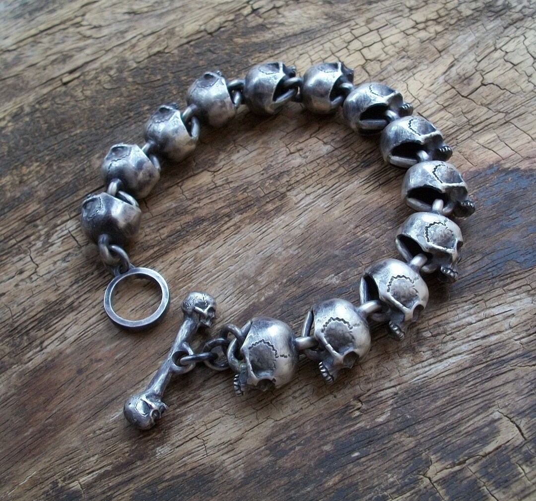 ★HARANG★ Silver Skull Chain Bracelet Skull Bracelet, Sterling Silver Skull Bracelet, Silver Oval