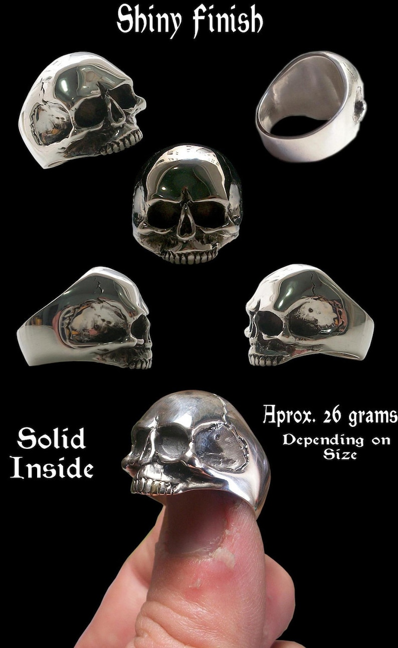 Skull Ring, Sterling Silver Keith Richards skull ring, Solid inside, Silver Skull Ring, Shiny Finish, All Sizes, Silveralexa image 2