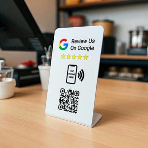 Codice QR per recensione Google per bancone / Tocca o scansiona per lasciare una recensione / Aumenta le recensioni di Google / Display per cartello aziendale in acrilico personalizzato