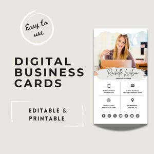 Może przedstawiać: Projekt cyfrowej wizytówki z tekstem "Easy to use, Digital Business Cards, Editable & Printable". Karta zawiera zdjęcie kobiety i jej dane kontaktowe, w tym numer telefonu, e-mail, stronę internetową i adres.