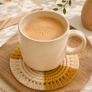 May include: A beige speckled ceramic mug filled with a light brown beverage, resting on a macrame coaster. The coaster is half cream and half mustard yellow, with a fringed edge. The mug sits on a wooden serving board.