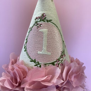 Hand Embroidered Pink 1st Birthday Party Hat: Floral Decor
