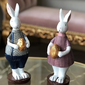Handmade Easter Bunny Figurines with Colorful Eggs, Decorative Polyester Rabbits, Easter Bunny Figurines, Handmade Rabbit Statues,