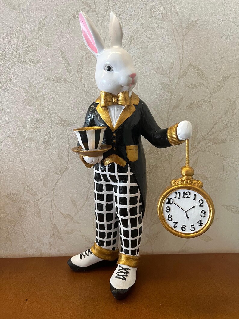 Alice in Wonderland Tea Time Rabbit Figurine, Rabbit Statue With Clock ...