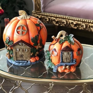 Pumpkin House Statue Set, Pumpkin House Decor, Fall Pumpkin Cottage Statue, Halloween Pumpkin House Statues, Pumpkin Themed House Decor
