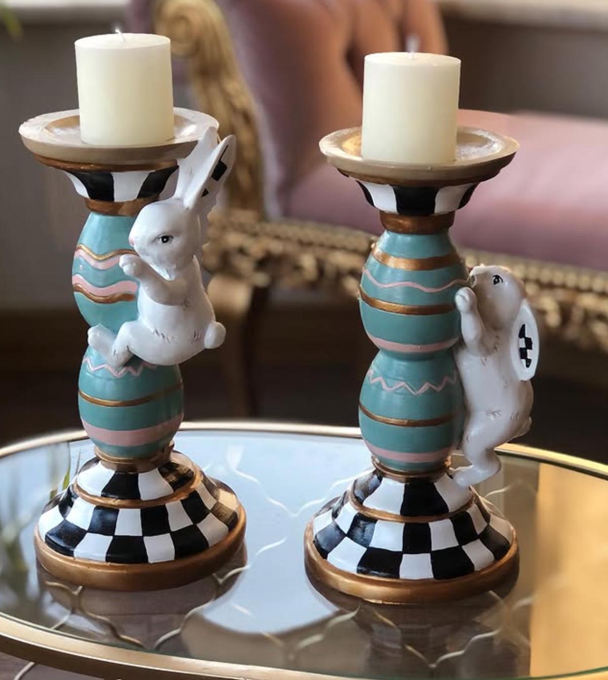 Easter Bunny Candle Holder Set With Climbing Rabbits and Egg
